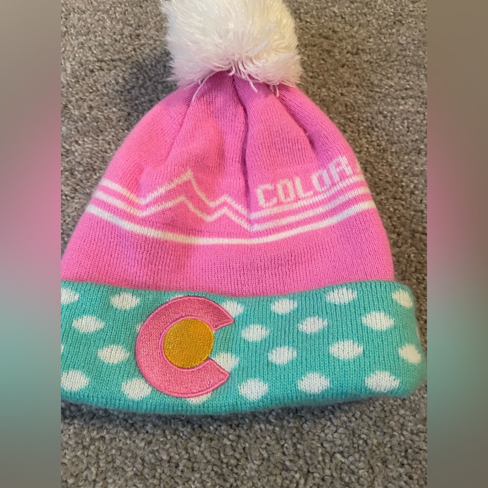Pink and Teal Beanie with Pom Pom